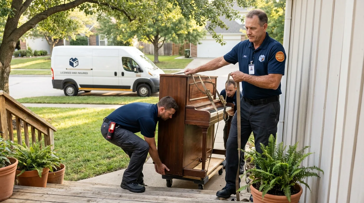 Licensed piano movers securing grand piano in Danbury, CT