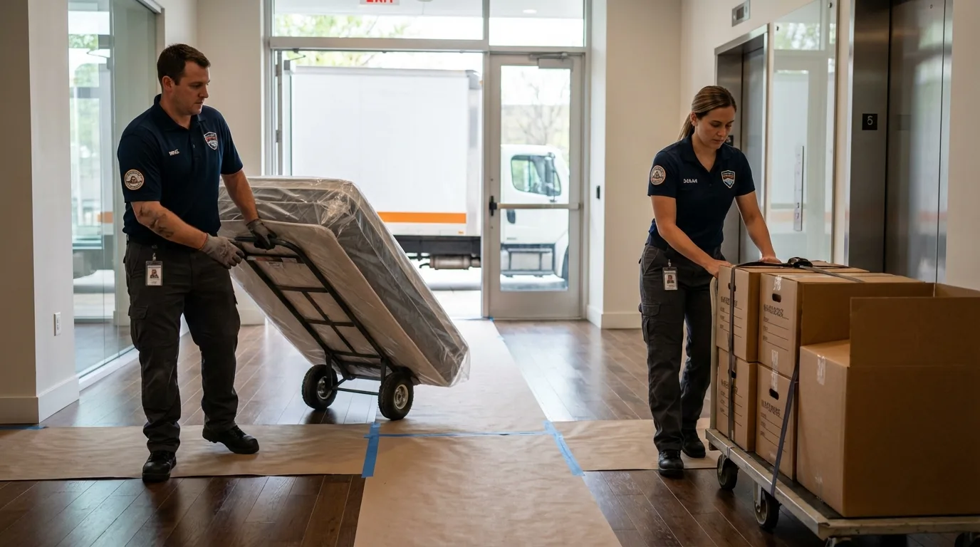Professional apartment movers loading elevator in Danbury, CT