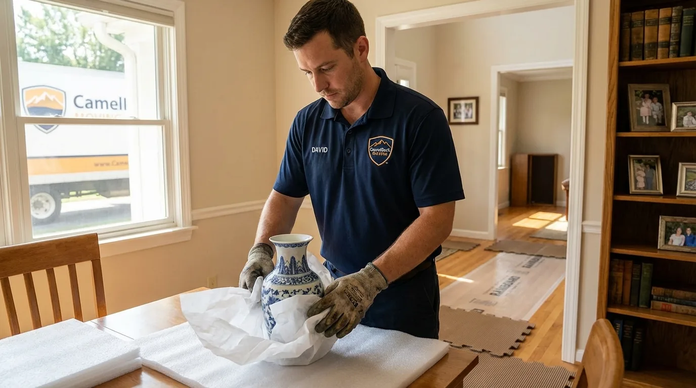 Professional crew carefully wrapping antique vase for senior downsizing move in Danbury, CT